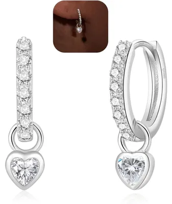 Immagine prodotto di Orecchini a cerchio in argento 925, piccoli, con cuore in zircone, pendenti, ipoallergenici, diametro 9 mm, aspetto oro bianco