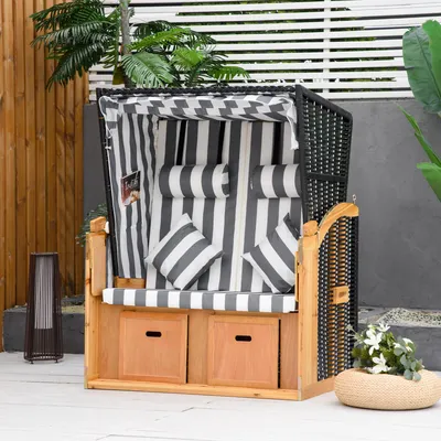 Produktbild von Strandkorb 2-Sitzer PE-Rattan, Gartenliege mit Sonnendach, Polyrattan Liegestuhl, Grau-Weiß | 118x79x160 cm | 5-stufig verstellbar | klappbar