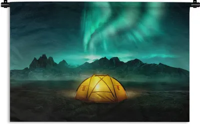 Produktbild von MuchoWow® Wandteppich Wandbehang Nordlichter - Zelt - Lampe 120x80 cm Tapisserie Dekoration Wandtuch - Wanddekorationen - Wandtücher