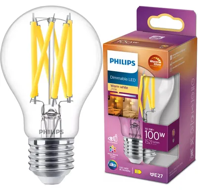 Zdjęcie produktu dla Philips Żarówka żarnikowa przezroczysta 100 W A60 E27, 10,5 W, 100 W, E27, 1521 lm, 15000 h, Ciepły blask