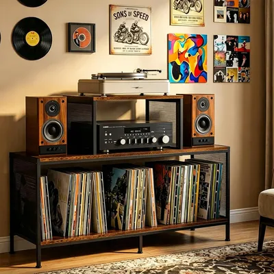 Plattenspieler-Ständer mit Vinyl-Aufbewahrung, 350+ Platten