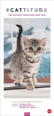 Produktbild von Whiskas Familienplaner 2026, 5 Spalten, 21 x 45 cm, Schulferien, Jahresübersicht, Mondkalender