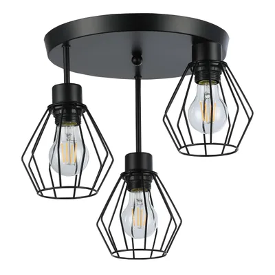 A black, three-light ceiling fixture with geometric metal cages around each bulb.