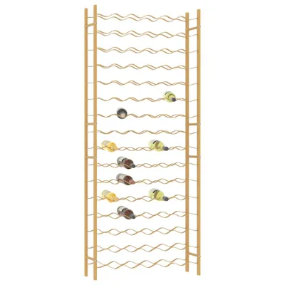 A tall, narrow wine rack with multiple shelves, holding several bottles of wine.