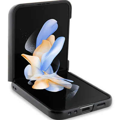 A black flip phone case is shown open, displaying the phone screen with a colorful abstract image.