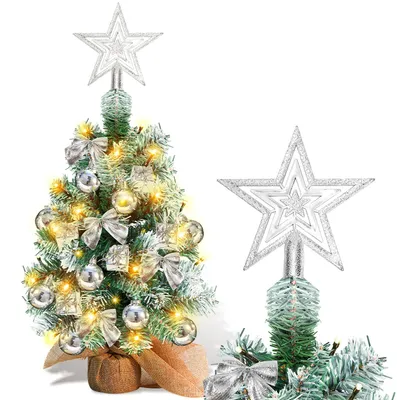 Produktbild von Vigevee Mini Weihnachtsbaum 40 cm Silber mit 30 LED Beleuchtung Holzsockel und Christbaumschmuck für Tischdeko