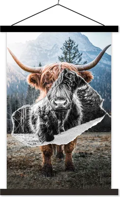 Produktbild von MuchoWow® Textilposter Scottish Hochlandrind - Schwarz - Weiß 120x180 cm mit schwarzem Rahmen - Fotos