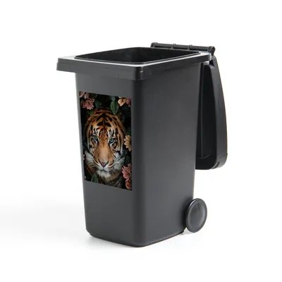 Obrázok produktu pre MuchoWow® Nálepka na odpadkový kôš - Tiger - Kvety - Listy - 60x40x0.1cm