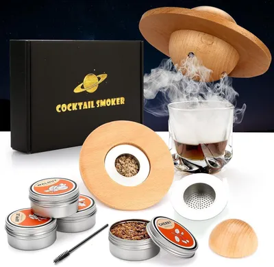 Zdjęcie produktu dla Prezenty dla mężczyzn Zestaw do wędzenia whiskey Zestaw do wędzenia koktajli Zestaw do wędzenia whiskey z 4 wiórkami drzewnymi Prezent na Dzień Ojca Zestaw do wędzenia whiskey Akcesoria do koktajli
