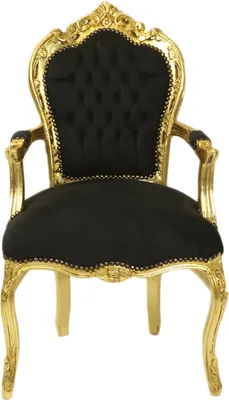 A baroque-style armchair with black fabric upholstery and a gold-colored ornate frame, presented against a white background.