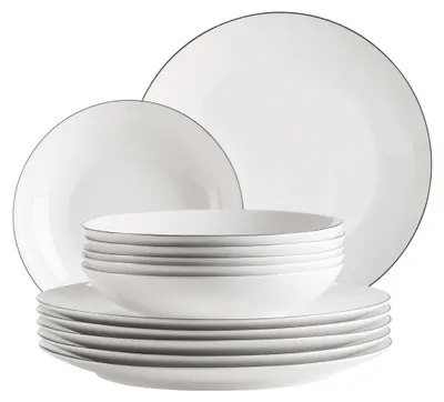 Tafelservies 12-teilig, Porzellan, weiß mit schwarzem Rand, für 6 Personen