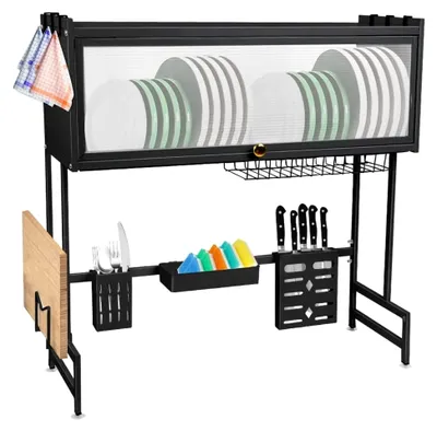 Produktbild von Geschirrabtropfgestell aus Edelstahl, 3-stöckig mit Abtropfschale, Geschirrständer mit Tassenhalter, Geschirrtrockner für die Küchentheke, 75 x 30 x 78 cm - schwarz