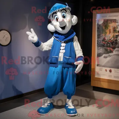 Productafbeelding van Mascottefiguur REDBROKOLY van een blauwe mimespeler gekleed met een windjack en sjaalspelden