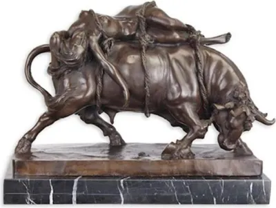 Produktbild von Casa Padrino Luxus Bronze Skulptur Stier und Frau Bronze / Schwarz H. 31 cm - Bronze Deko Figur mit Marmorsockel - Bronze Tierfigur - Luxus Deko Accessoires