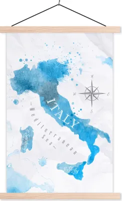 Produktbild von MuchoWow® Textilposter Weltkarte - Blau - Italien 60x90 cm mit holzfarbenen Rahmen - Textil
