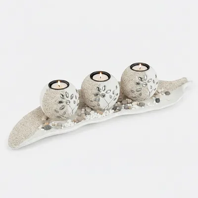 Immagine prodotto di Set di portacandeline Relaxdays, vaschetta a forma di foglia, sabbia decorativa, ciottoli, portacandele, decorazione da tavola d'atmosfera, beige-bianco