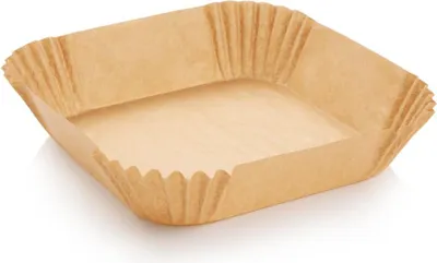 A square, brown paper baking liner for an air fryer or oven, shown from a slightly elevated angle.