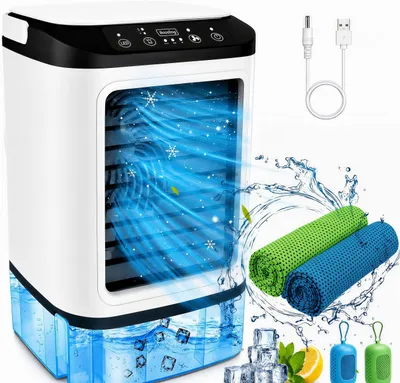 Produktbild von Mini Luftkühler mit 2 Kühlhandtüchern,tragbare Klimaanlage USB,900ml Wassertank,Eisfach,3 Modi, Doppelnebelspray,SofortKühlend Cooling Towel 100x30cm