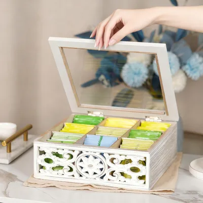 Produktbild von Vintage Teebox mit Sichtfenster - Holz Teebeutelbox - 9 Fächer