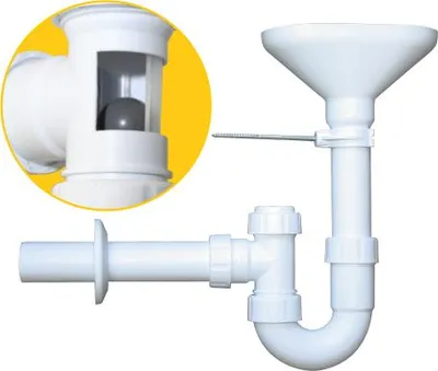 A white plastic plumbing trap with a funnel and a close-up inset showing a ball valve mechanism.