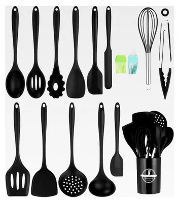 Produktbild von Küchenhelfer Set (Schwarz), 15 Stück Kochutensilien, Silikon Kochlöffel Set, Hitzebeständiges Antihaft Kochset mit Utensilienhalter, Spülmaschinenfest