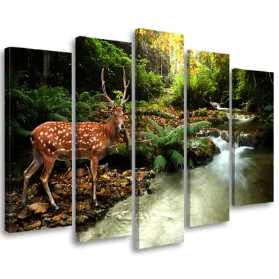 Produktbild von 5-teiliges leinwandbild hirsche waldbach 150x100 cm Feeby braun wandbild bereit zum aufhängen