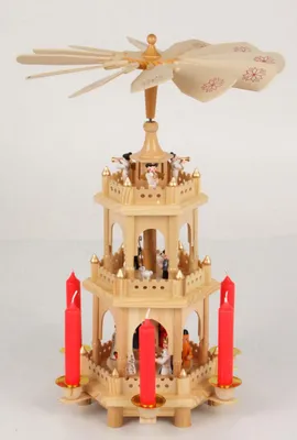 Produktbild von Holz Weihnachtspyramide 35 cm - 3-stöckig - Pyramide mit 2 sich drehenden Ebenen