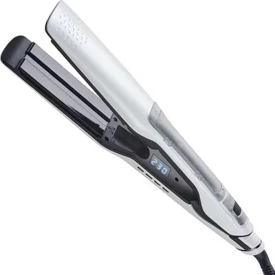 A silver and black hair straightener is shown against a white background.