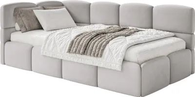 Produktbild von Selsey Cloudy – Jugendbett 120x200, Kopfteil links, Matratze & Bettkasten, Samt Hellgrau