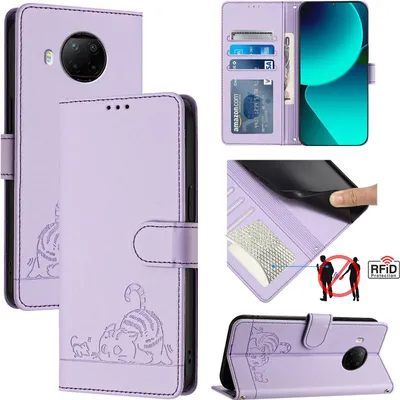 Produktbild von Leder Hülle für Xiaomi 10T Lite 5G Süße Katze Flip Case Brieftasche Schutzhülle mit Standfunktion Lila