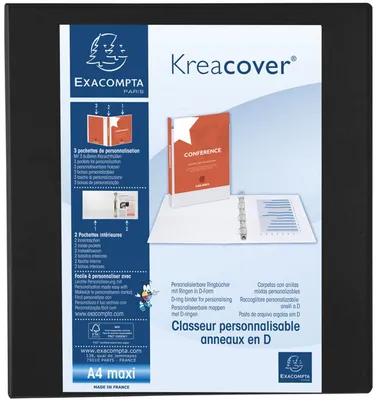 A product image showing a black binder with marketing information and product details.