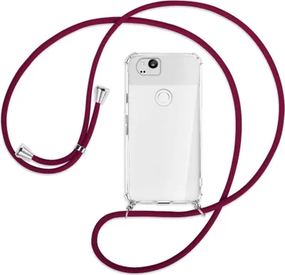 Produktbild von Handykette Backcover-Schutzhülle mit Band (Metall silberfarben) für Google Pixel 2 XL - dunkelrot