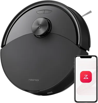 A black and gray robot vacuum cleaner is shown next to a smartphone displaying a red icon with a white 'Z'.