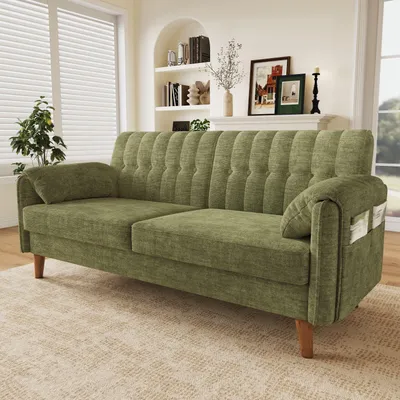 Produktbild von Merax 2-Sitzer Sofa aus Chenille, dick gepolstert, getuftete Rückenlehne, 2 Armlehnenkissen, Seitentaschen, Massivholzbeine, Grün