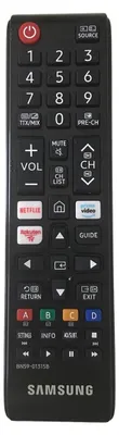 A black Samsung TV remote control is shown against a black background.