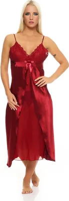 Produktbild von Damen langes Negligé Nachtwäsche Nachtkleid Dessous Satin; Dunkelrot S
