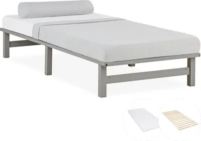 Produktbild von Homestyle4u Holzbett Palettenbett 90x200 mit Matratze Grau Futonbett Palettenmöbel Bett 2049