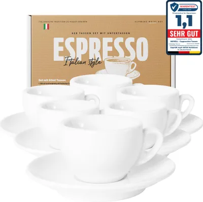 Produktbild von MUVELL 6x Espressotassen á 60 ml | Weiß | Italian Style | extra dickwandig mit 0,8 cm & schwere Ausführung | spülmaschinenfest | 12 teiliges Espressotassen Set mit Untertassen - Geschenkset