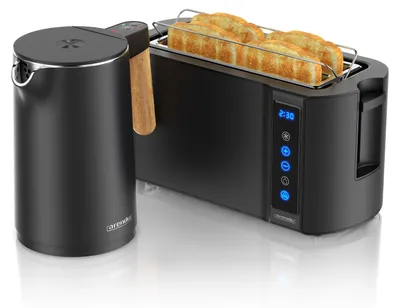 Produktbild von Arendo Frühstücks-Set Edelstahl, Wasserkocher mit Temperatureinstellung 1,5l, 4 Scheiben Langschlitztoaster, 4 Scheiben Toaster, Brötchenaufsatz, Touch, Cool Grey