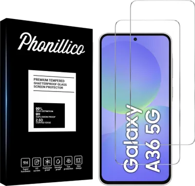 A product shot of screen protectors for a Samsung Galaxy A36 5G, with the packaging on the left and the screen protectors and phone on the right.