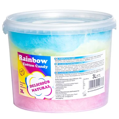 A large plastic tub filled with rainbow-colored cotton candy.