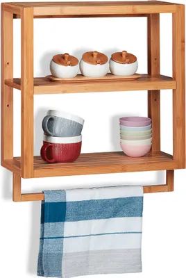 Produktbild von Relaxdays Wandregal Bambus, 3 Ablagen, Handtuchstange, Einlegeboden, Hängeregal für Küche & Bad, HBT 58,5x52x21cm, Natur