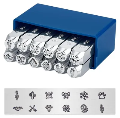 12er-Set Design-Relief-Stempel 6 mm, natürliches Thema, Metallstempel