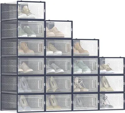 Produktbild von Famanu Schuhboxen Set von 18 faltbar und stapelbar - transparent antrazitblau
