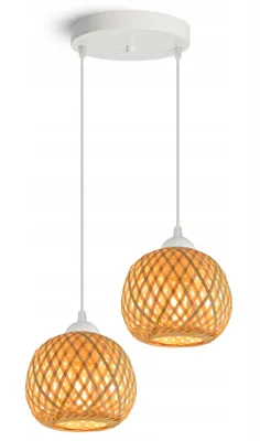 A double pendant light fixture with woven bamboo shades.