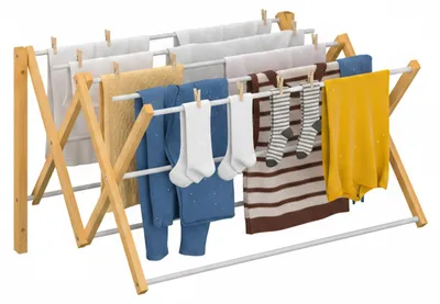 Produktbild von Relaxdays Wäscheständer Wandmontage, ausziehbar, HxBxT: 45 x 71 x 59 cm, Bambus & Metall, Wandwäscheständer, natur/weiß
