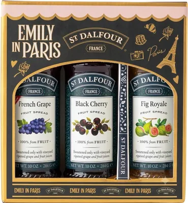 Produktbild von St Dalfour Emily in Paris Fruchtaufstrich Geschenkset: Traube, Schwarzkirsche, Feige, 3 x 284g, ohne Zuckerzusatz, 100% Frucht