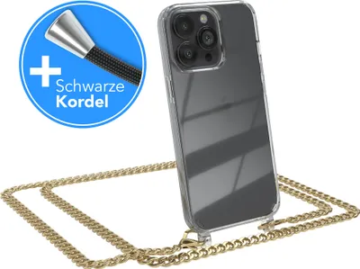 Produktbild von EAZY CASE Metall Handykette für Apple iPhone 13 Pro, Handyhülle mit Umhängeband, Silikonhülle, Metallkette für Smartphone in Gold