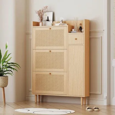 Productafbeelding van Houten schoenenkast met rotan - 3 kiepdeuren en 1 lade - ideaal voor smalle ingangen (90x17x125cm)