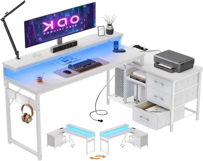 Zdjęcie produktu dla Biurko narożne z szufladami - kształt litery L - idealne do pracy w domu - zintegrowane porty USB - wymiary 174x100 cm - kolor biały